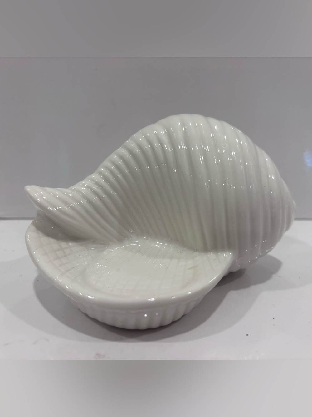 white ceramic shell-shaped planter, trinket dish, or soap dish.